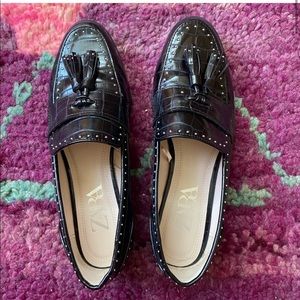 Zara Black Studded Tassel Croc Leather Loafers -Size 35 Excellent Used Condition